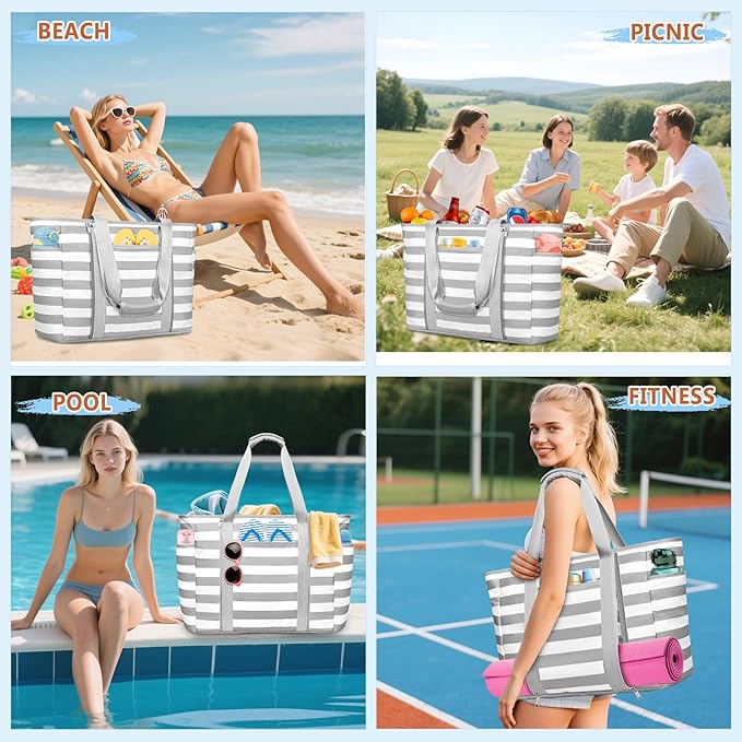 Extra Large Beach Bags for Women, Waterproof Sandproof Beach Tote Bag Foldable Swim Pool Bag with Zipper and Wet Pocket