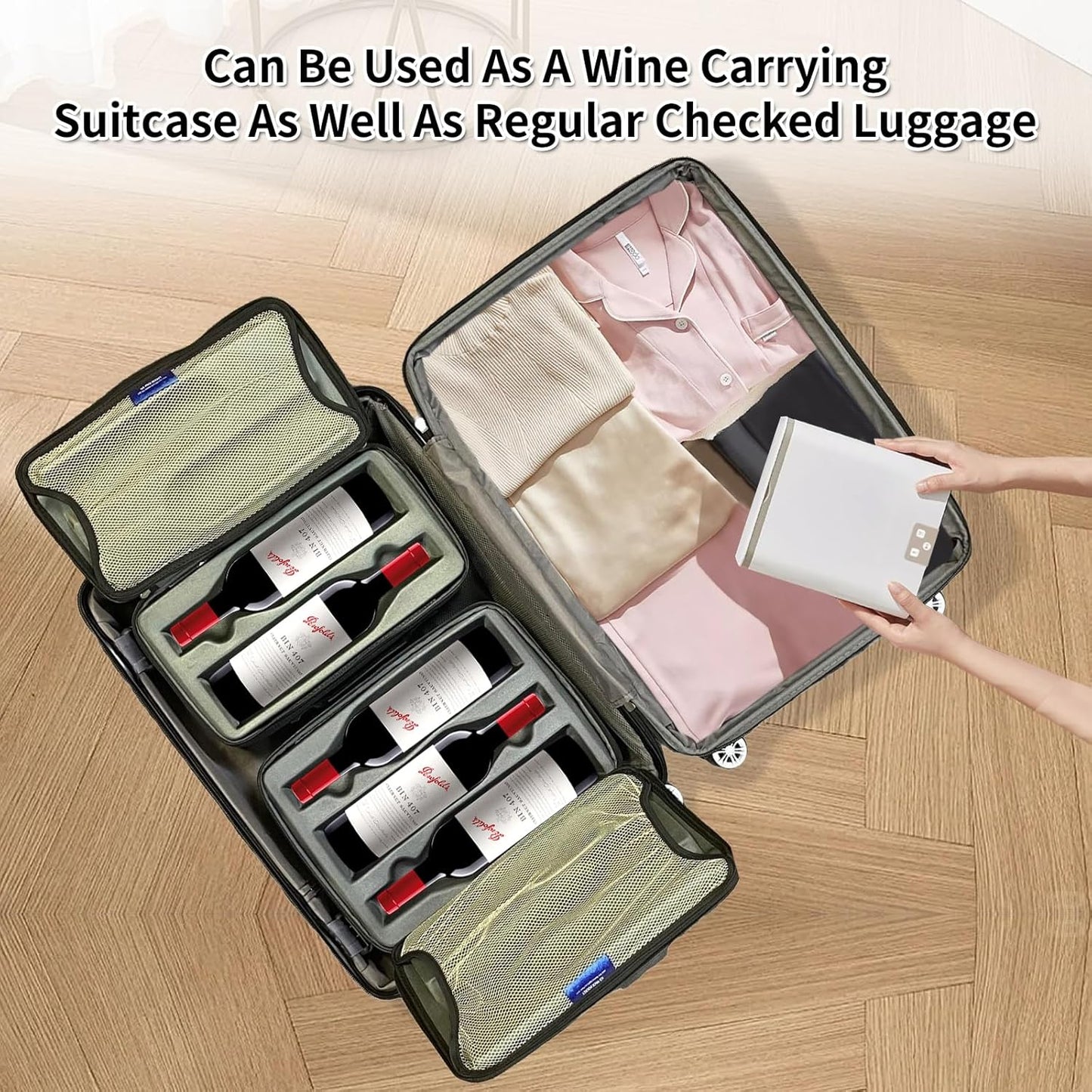 Premium Wine Travel Luggage | Holds 10 Bottles of 750 ML | TSA Lock | Expandable Packing Space | 360° Spinner | Double Straps |4 Insulated Unbreakable Carry Bag | 2 Insulated Totes| Grey