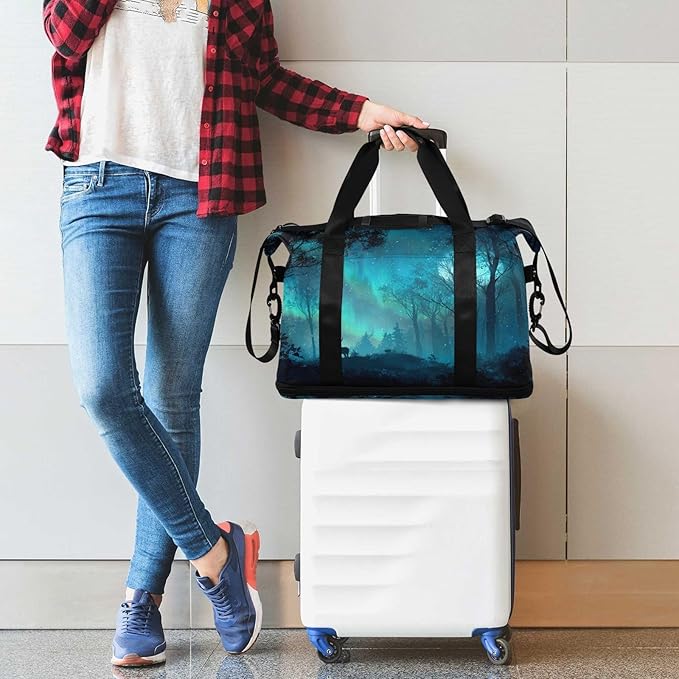 Travel Duffel Bags for Women Cute Forest Deer Silhouette Print Sports Duffel Bags Gym Bags with Shoes Compartment Tote Bag Weekender Bag for Travelling