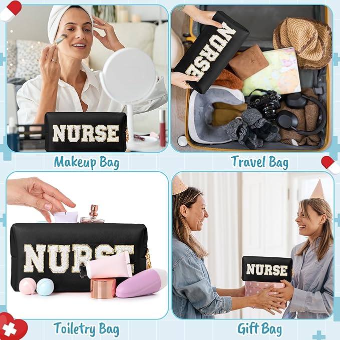 CY2SIDE NURSE Letter Makeup Bag - White Chenille Letter Patch Cosmetic Bag Black PU Leather Patch Travel Pouch Waterproof Portable Zipper Travel Organizer Case Valentines Gifts for Nurse Women
