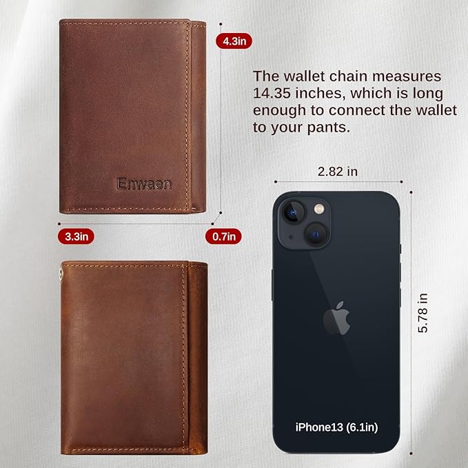 Trifold Mens Wallet with Chain, Genuine Leather Wallet RFID Blocking Anti-Theft Chain for Biker, Motorcycle (Brown Color)
