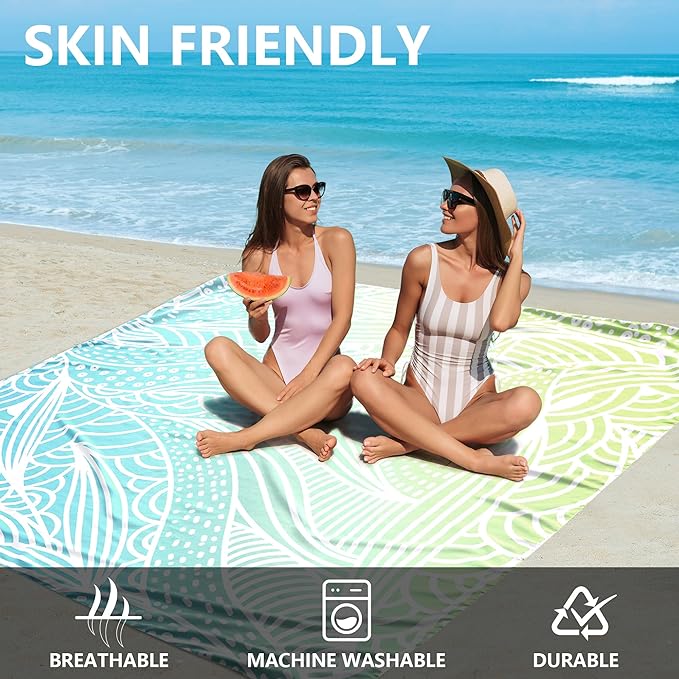 Beach Blanket Waterproof Sandproof Beach Mat for 1-8 Adults Quick Drying Durable Outdoor Picnic Mat for Beach Festival Travel Camping Hiking (Gradiant BL&GN-Ripple, 79"×83"(4 Person))
