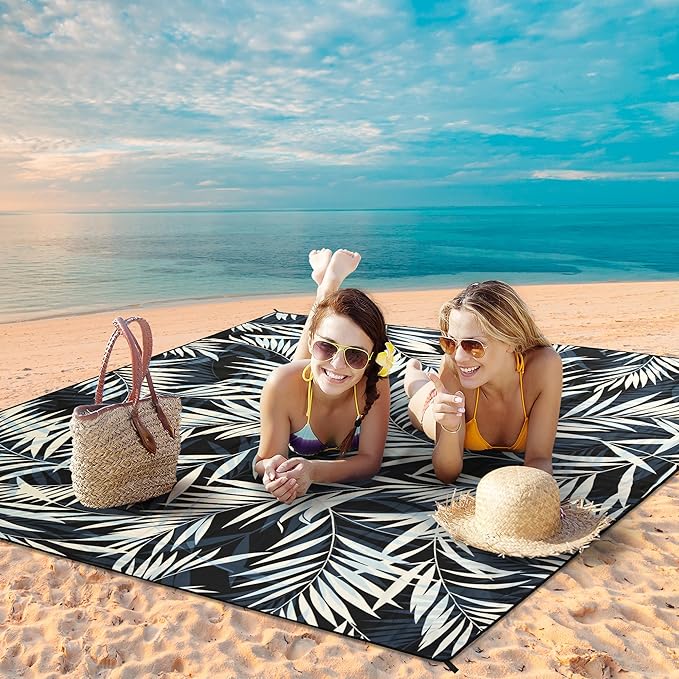 Beach Blanket Waterproof Sandproof Beach Mat 79”x 83” for 1-8 Adults Quick Drying Durable Outdoor Picnic Mat for Beach Festival Travel Camping Hiking (BK&W-Palm, 79"×83"(4 Person))