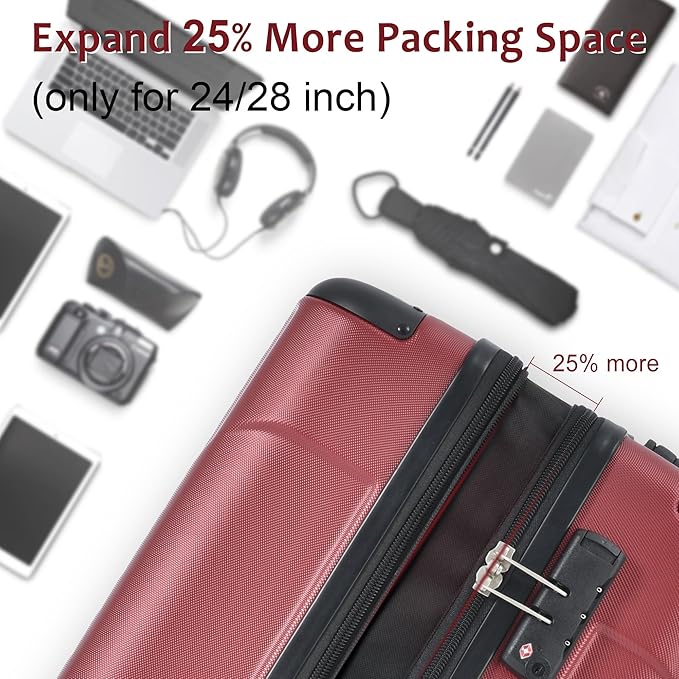 24 Inch Hardshell Luggage Lightweight Checked Luggage, Red Hardside ABS Suitcases with Double Wheels and TSA Lock, Medium Expandable 24-inch Carry on Luggages for Travel, Men, Women