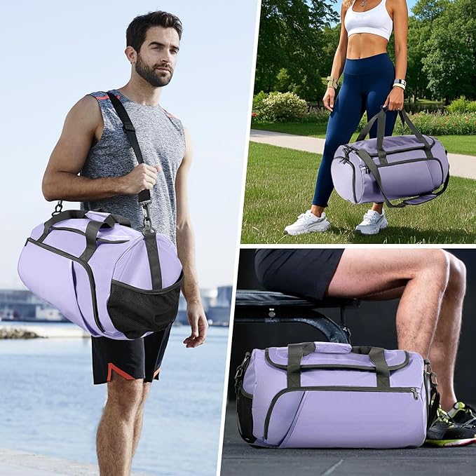 Gym Bag for Men Women With Shoe Compartment & Wet PocketWater Resistant Sports Gym Bag 、shoulder bag、messenger bag Carry On Duffel Bag forWeekend Overnight Traveling (Purple)