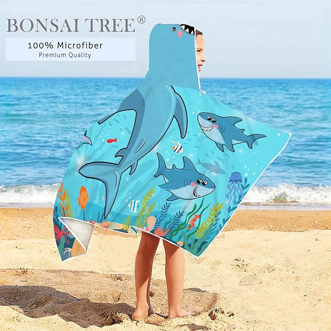 Bonsai Tree Shark Hooded Beach Towel for Kids, Cool Ocean Fishes Bath Towel with Hood for Boys, Funny Sea Animals Microfiber Super Absorbent Soft Poncho Bathrobe for Swin Pool 30”x50”