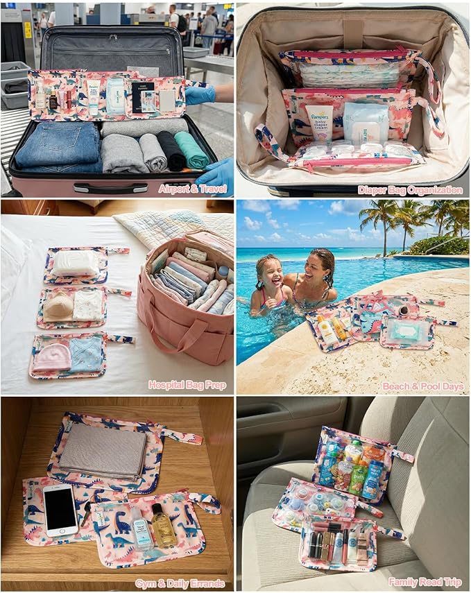 babygoal Clear Travel Organizer Bags 3 Pack, TSA Approved Mess-Proof Pouches with Snap Handle, Water-Resistant Toiletry Essentials for Baby & Mom (Dinosaur)