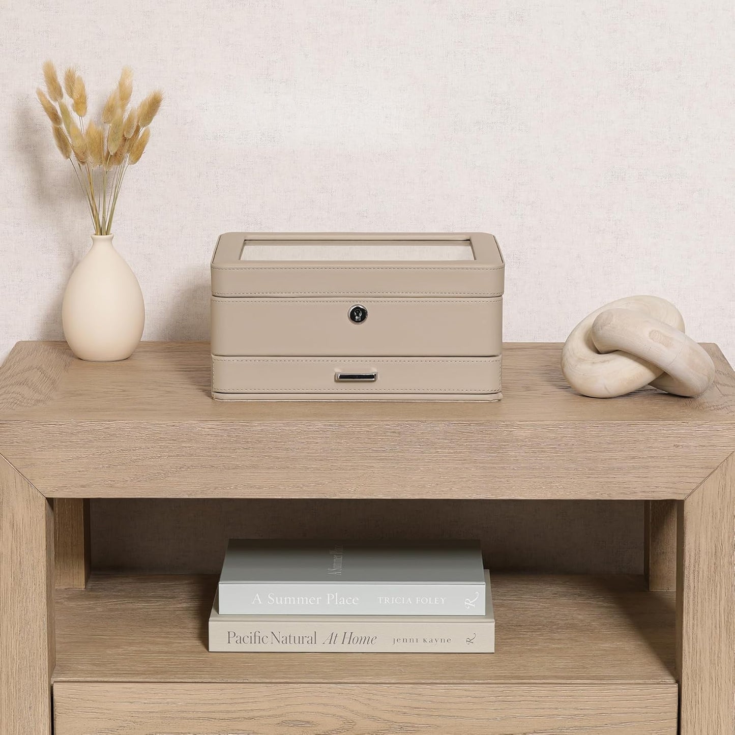 ROTHWELL 8 Slot Leather Watch Box with Valet Drawer - Luxury Case Display Jewelry Organizer, Locking Display Case Holder with Real Glass Top - Watch Box Organizer for Men & Women (Oatmeal)