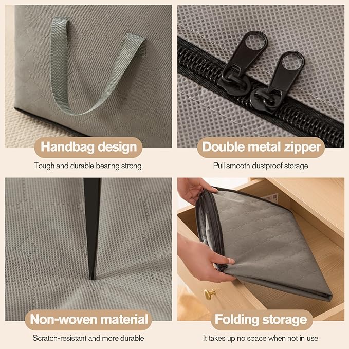 Large Storage Bags,Clothes Storage Bins Foldable Closet Organizers Storage Containers with Durable Handles Thick Fabric for Blanket Comforter Clothing Bedding (grey, 90L(3Pick))