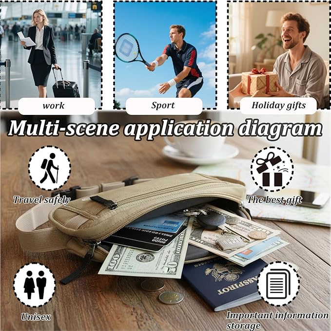 Passport Wallet RFID Blocking Slim Anti Theft Holder Travel Unisex Adjustable Waist Money Belt with Secure Zipper(blue)