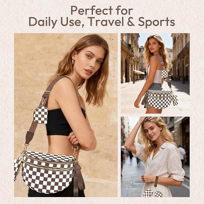 Cross Body Bag for Women Checkered Crossbody Bags Bum Bags for Women Fanny Packs for Girls Small Nylon Checkered Purse Trendy Shoulder Bag (Checkered White Brown, One Size)