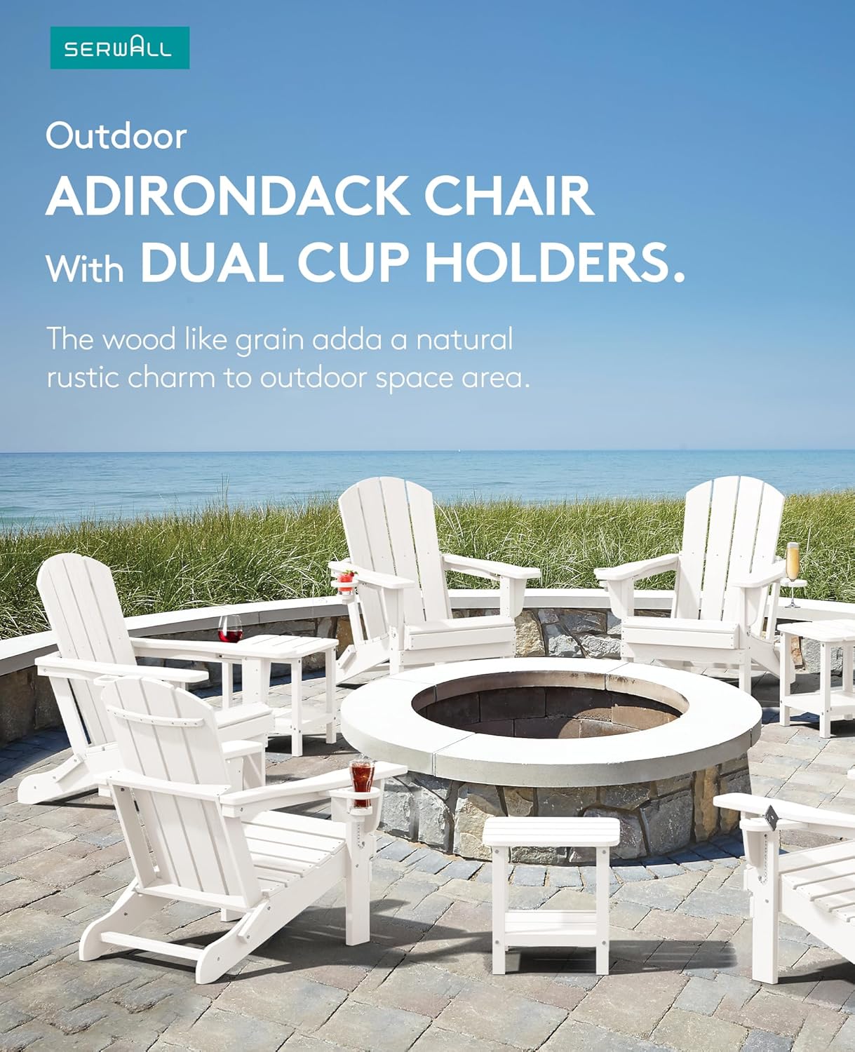 SERWALL Adirondack Chair with Cup Holders - Composite Adirondack Chairs Set of 8 HDPE Outdoor Chairs All Weather Use- White
