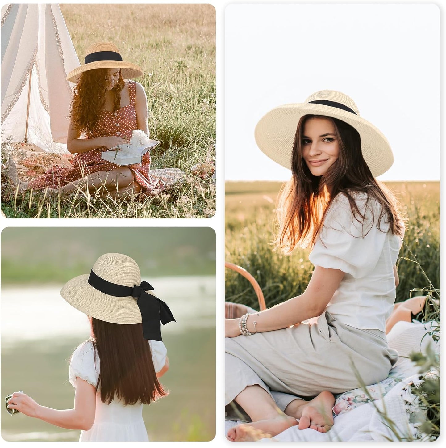 Surblue Straw Summer Hat Women's Floppy Sun Hat Wide Brim Beach Bow Hat