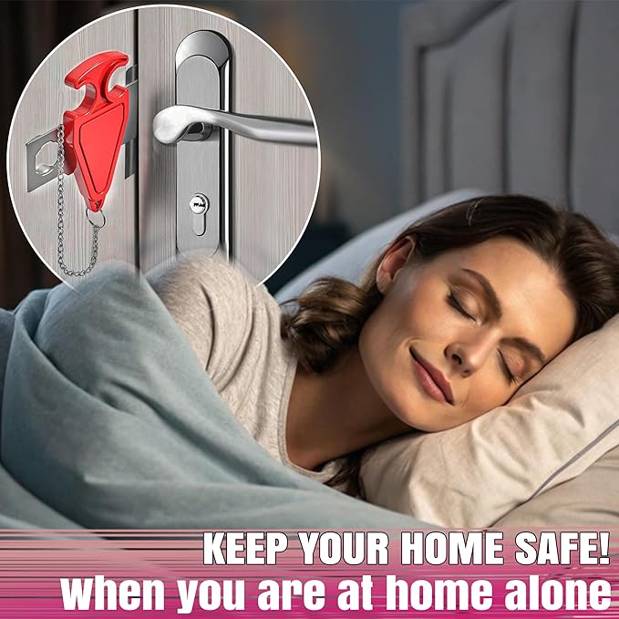 Portable Door Lock, Travel Door Lock for Hotel, Apartment, Dorm & Home – Extra Security Door Stoppers, Hotel Safety Devices for Travel Privacy Protection 3PK Red