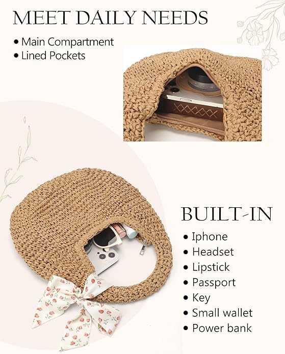 Beach Bags for Women - Handmade Straw Clutch Purses for Women Handbag Zip Closure Tote Bag Lightweight