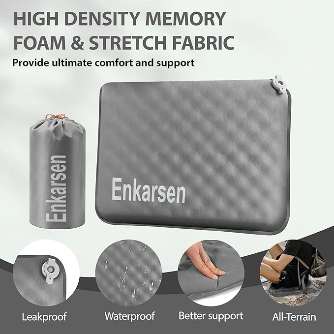 Inflatable Travel Seat Cushion – Self-Inflating Memory Foam Pad for Airplane, Stadium Bleachers, Camping, Hiking & Backpacking – Ultralight Compact & Portable Sitting Cushion (Grey)