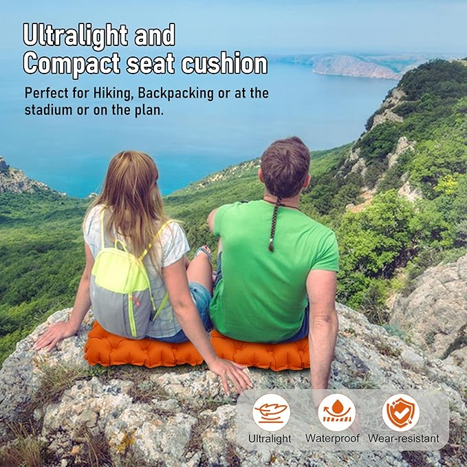 Inflatable Seat Cushion, Lightweight Stadium Seat Pad, Travel Air seat Cushion Anti-Slip for Airplane, Hiking, Climbing, Home and Camping,Orange