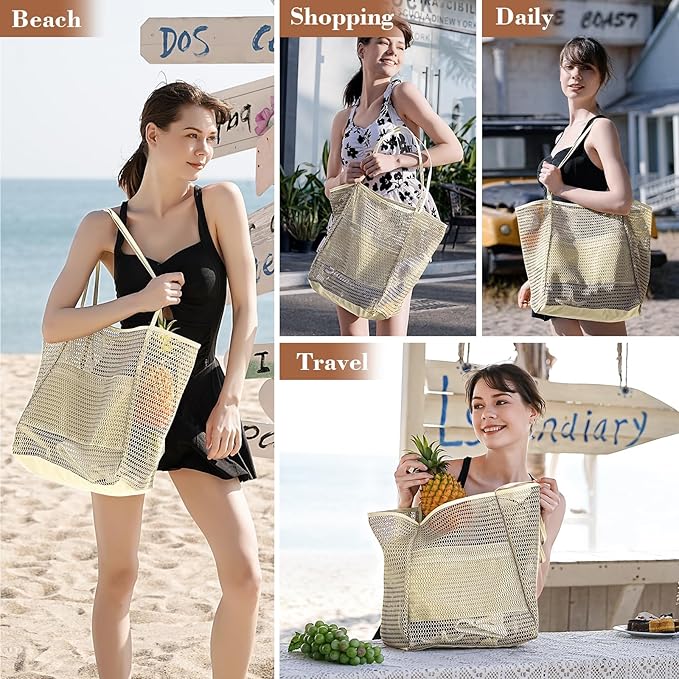 Tavaleu Mesh Beach Bag, Beach Bags for Women, Woven Straw Beach Tote Bag Waterproof with Inner Pocket, Packable Beach Bag