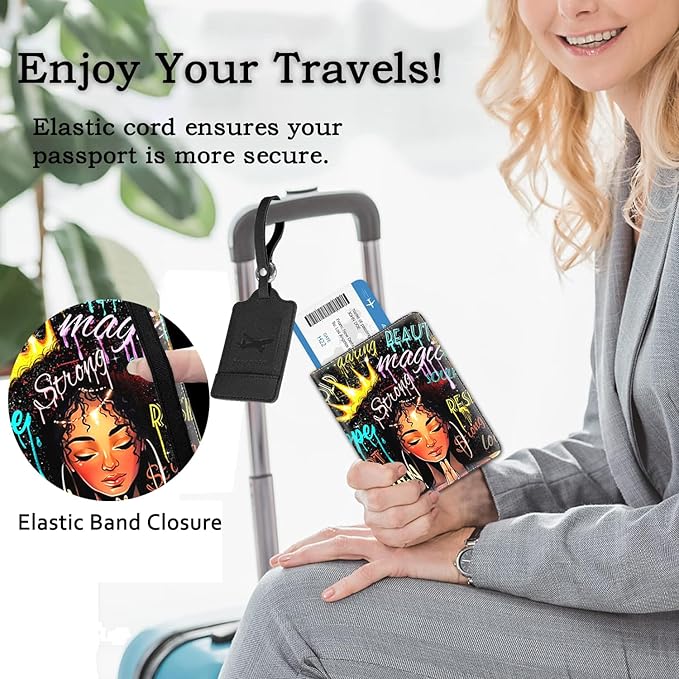Passport Holder Women Wallet with Luggage Tag, Leather Passport Cover with RFID Blocking, Travel Accessories Multi Card Slot Passport Case for Men,African American Women Afro Girl With Crown