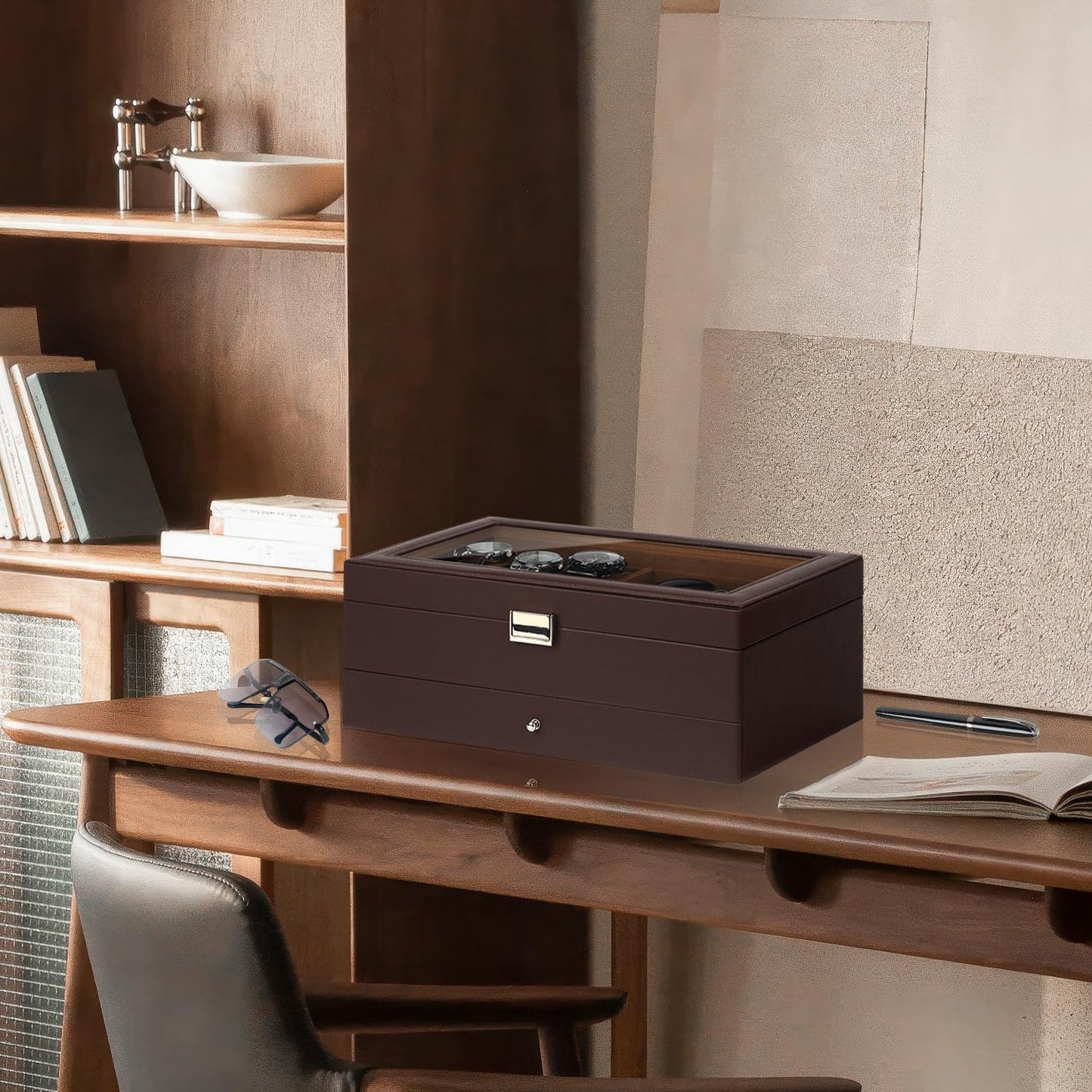 Watch Jewelry Box Organizer, 6-Slot 2-Layer Watch Case and Sunglasses Storage with Large Glass Lid, Men's Jewelry Box with Lock, Watch Holder Display Case, Gift for Men Women