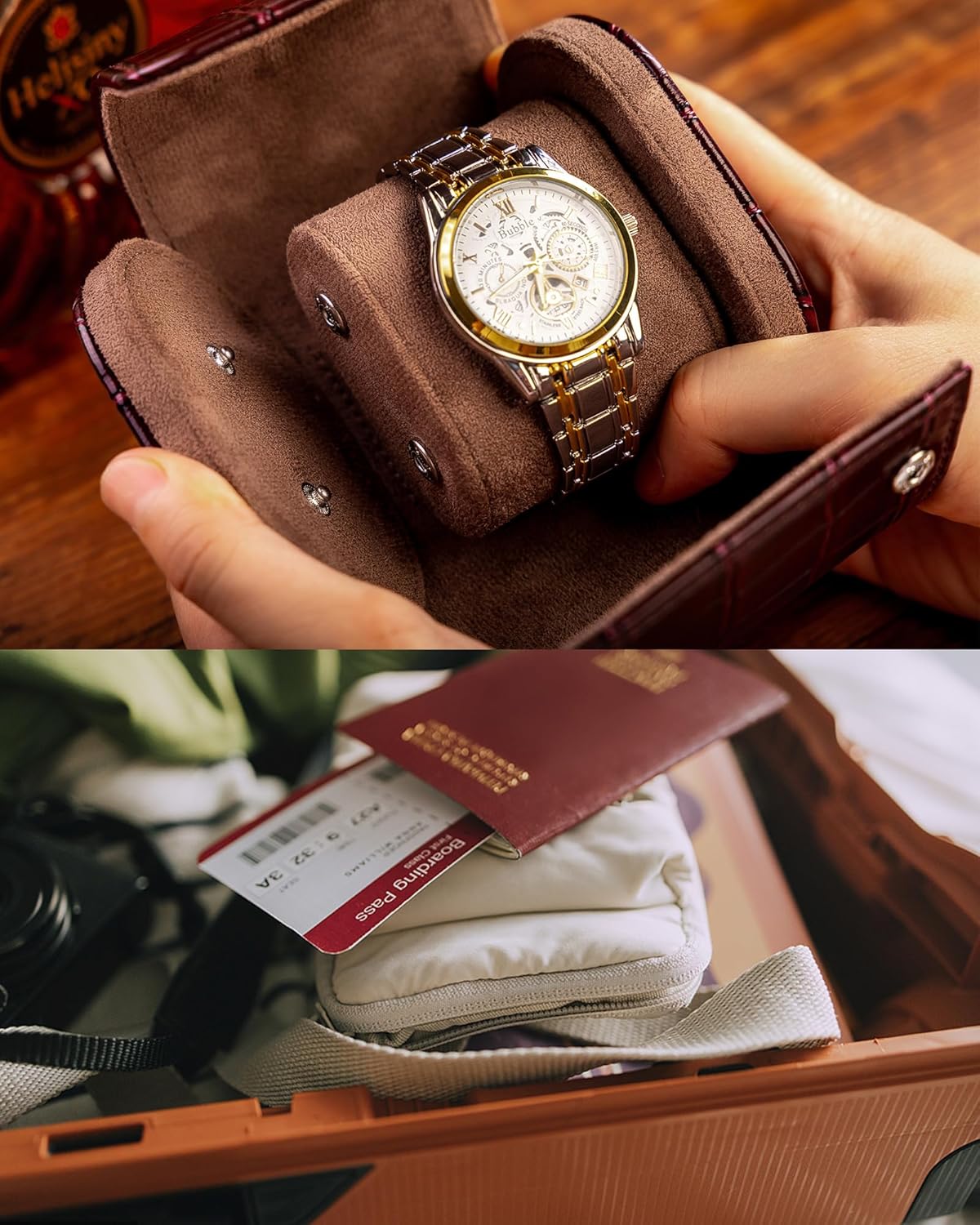MR.OKAY Single Watch Travel Case- Classic Leather Watch Case with Superb Texture.(Portable Watches Roll Or Organizer for Storage and Display).Festival Gift for Men, All Handcrafted by Artisans.