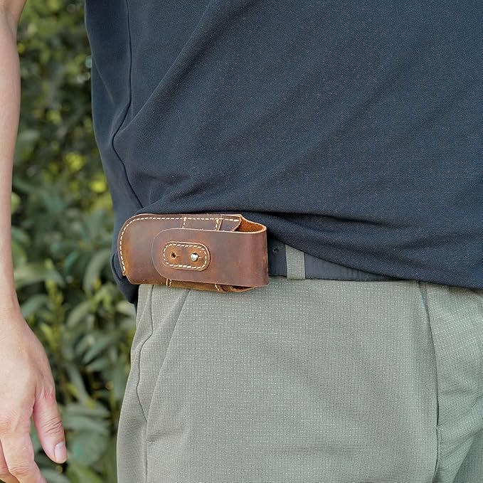 Topstache Leather Pocket Knife Sheath - Belt Loop EDC Belt Organizer - Horizontal Carry Knife Holder- Multitool Sheath with Two Snap Closure for Folding Knife, Darkbrown