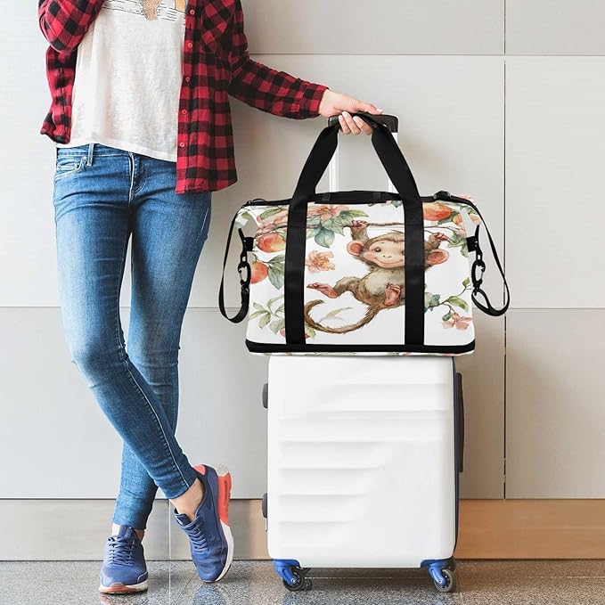 Travel Duffel Bags for Women Watercolor Monkey with Peach & Flower Sports Duffel Bags Gym Bags with Shoes Compartment Tote Bag Weekender Bag for Travelling