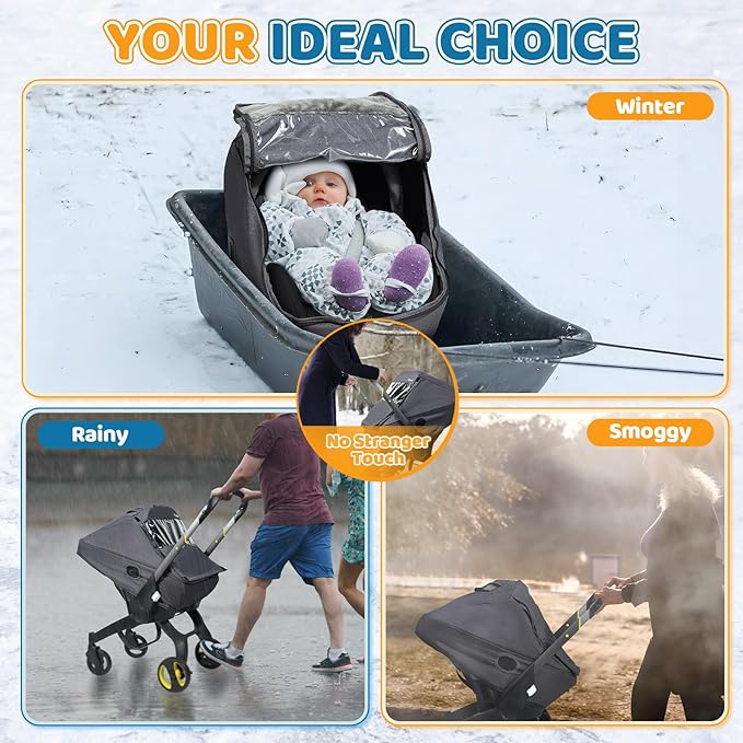 Car Seat Rain Cover with Clear Peep Window, Universal Car Seat Cover Baby with Zipper Door and Side Ventilation, All-Round Snow, Wind & Rain Canopy Waterproof Cover, Machine Washable, Grey