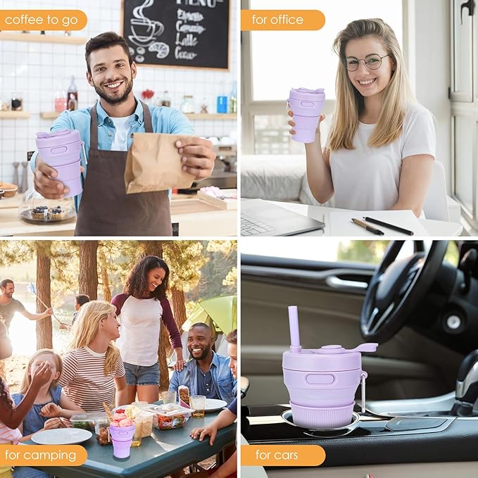 Collapsible Travel Cup - Lilac,16oz/450ml,Leak-Proof Reusable To-Go Pocket Size Silicone Bottle for Hot & Cold Drinks - Camping & Hiking - Dishwasher Safe- Straw included