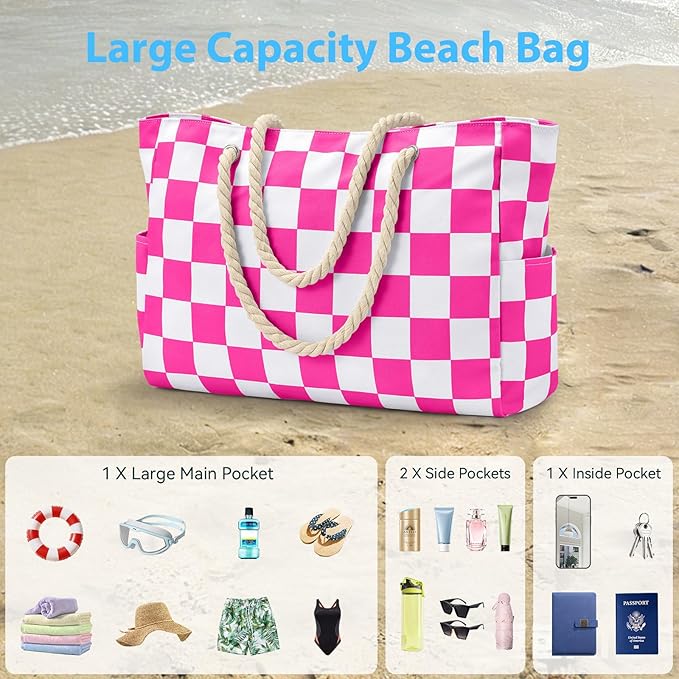 Becokan Beach Bags for Women Checkered Large Beach Tote Bag Zipper Beach Bags Waterproof Sandproof Canvas Swim Pool Bag