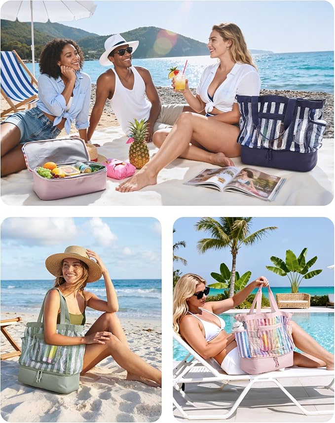 BAGSMART Beach Bag for Women, Mesh Tote Bags with Zipper, Sandproof Vacation Essentials with Cooler for Swim Cruise Pool