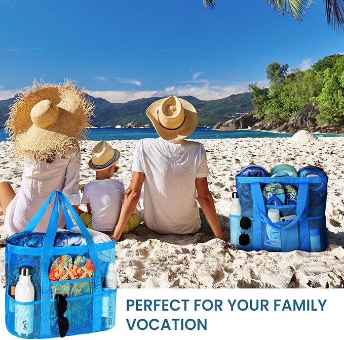 Tavaleu Mesh Beach Bag - Large Beach Tote with Multi Functional Pockets for Family Travel/Vacation
