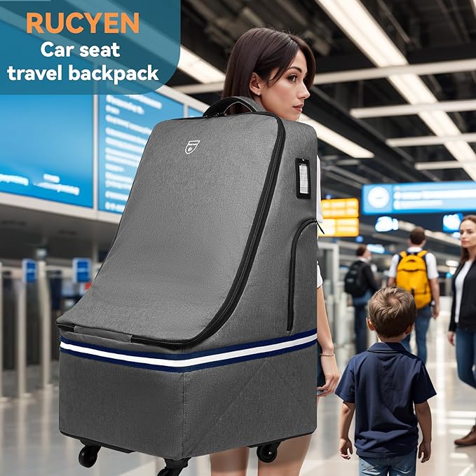 Rolling Car Seat Travel Bag, Padded Carseat Travel Backpack for Airplane,Large Durable Travel Bag with 4 Wheels,Adjustable Shoulder Strap and Waterproof Base Dark Grey