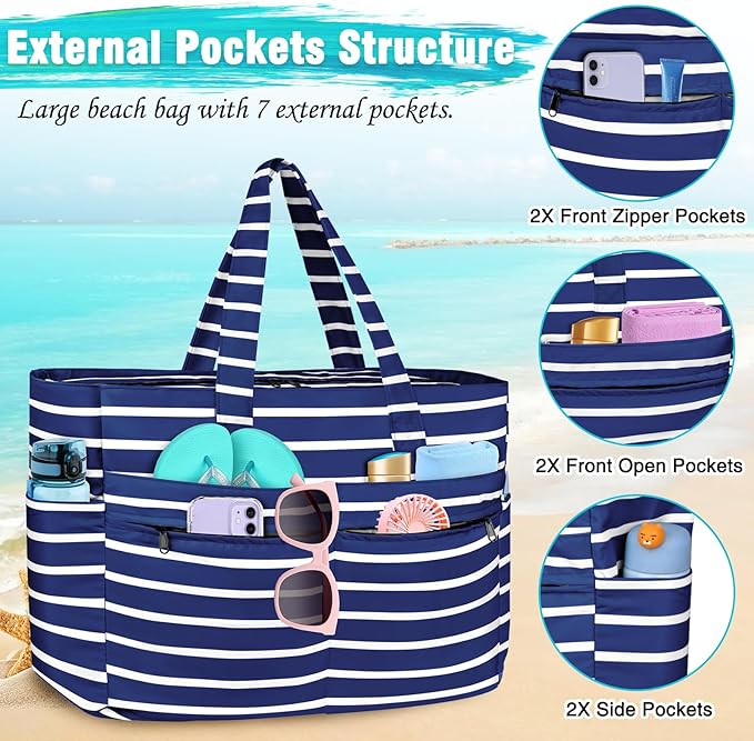 HUANLANG Extra Large Beach Bag Waterproof Beach Totes Bags for Women Men,Pool Bag with Zipper Wet Pocket