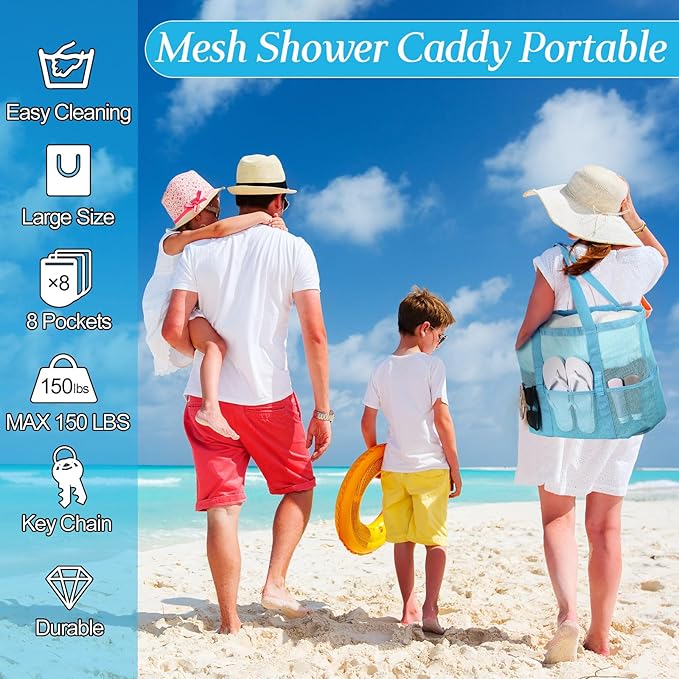 Hillban Large Beach Mesh Bags Bulk for Women Beach Tote Bag with 8 Pocket Zipper Waterproof Sandproof for Pool Cruise Ship