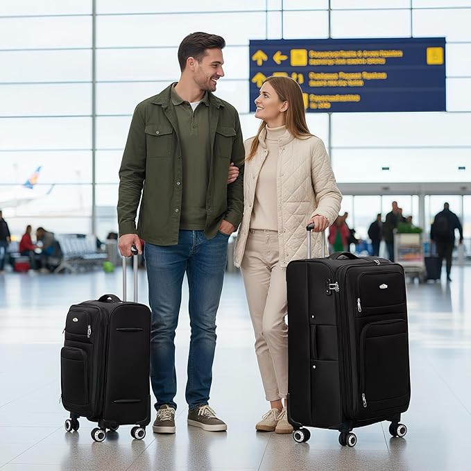Softside Luggage Sets 2 Piece,Expandable15% Lightweight Durable Suitcase Sets Double Spinner Wheels & w/Combination LOCK(Black,20in/30in)