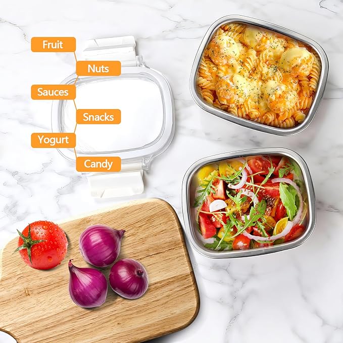 5 Pack Stainless Steel Reusable Snack Containers with Lids - 8.45 oz Small Metal Snack & Lunch Food Boxes, Shatterproof Leakproof Freezer Safe Meal Prep Containers for Portioning Snacks, Dips