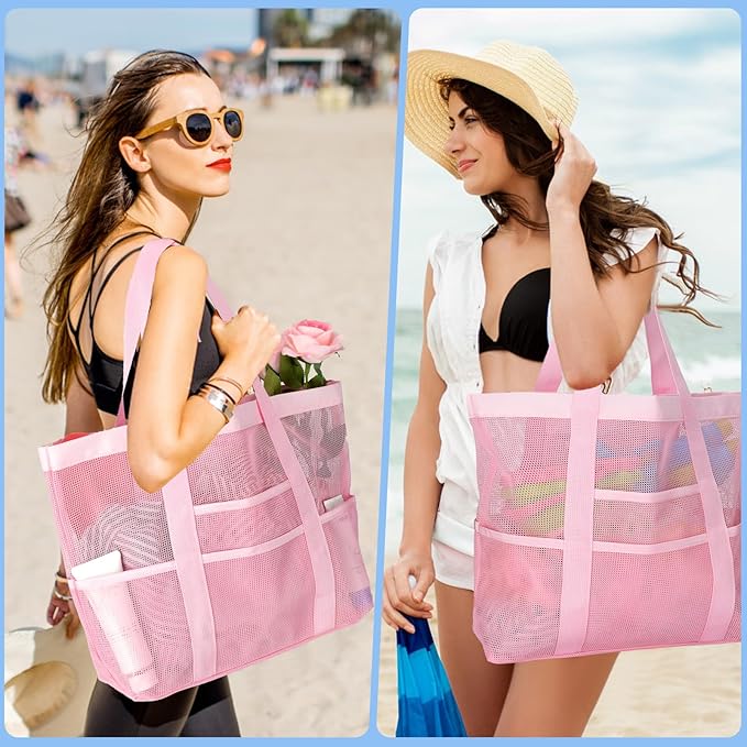 Large Mesh Beach Bag, Beach Tote Bags with 9 Pocket for Family
