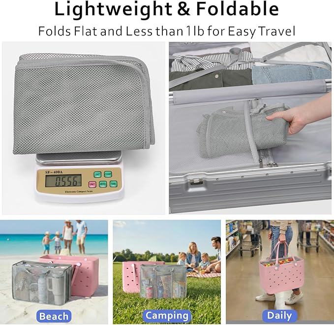 F-color Beach Bag Organizer Insert Compatible with Silicon Bag Original Large, Mesh Tote Liner with 10 Pockets & Adjustable Handle, Lightweight Divider Pouch for Beach Accessories Organizing, Grey