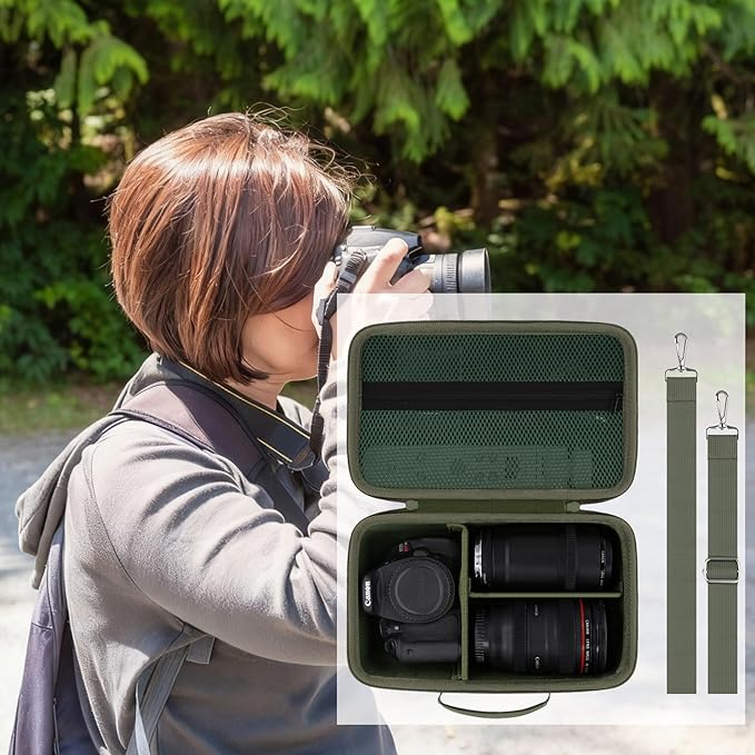 Camera Case Compatible with Canon EOS Rebel T7 / T100 / R50 / R100 / R5 / R6 Mark II DSLR Camera with 18-55mm Lens,Sony,Nikon DSLR Camera Protective Case with Shoulder Strap (Army Green Case)