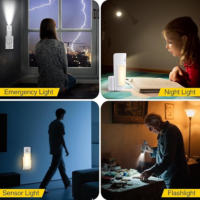 Enhon 2 Pack 4 in 1 Emergency Lights for Home Power Failure, Rechargeable LED Flashlight Plug in Wall, Automatic Turn On Power Outage Night Light with Motion Sensor for Hurricane Preparedness Items