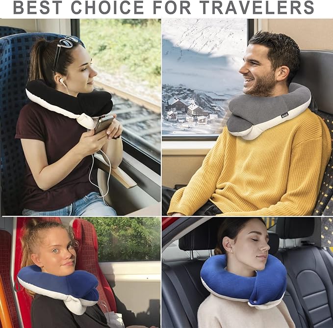BUYUE Travel Neck Pillows for Airplanes, 360° Head Support Sleep for Long Flight, Skin-Friendly & Breathable, Kit with 3D Contoured Eye Mask, Earplugs and Storage Bag (Adult, Navy, 90+ lbs)