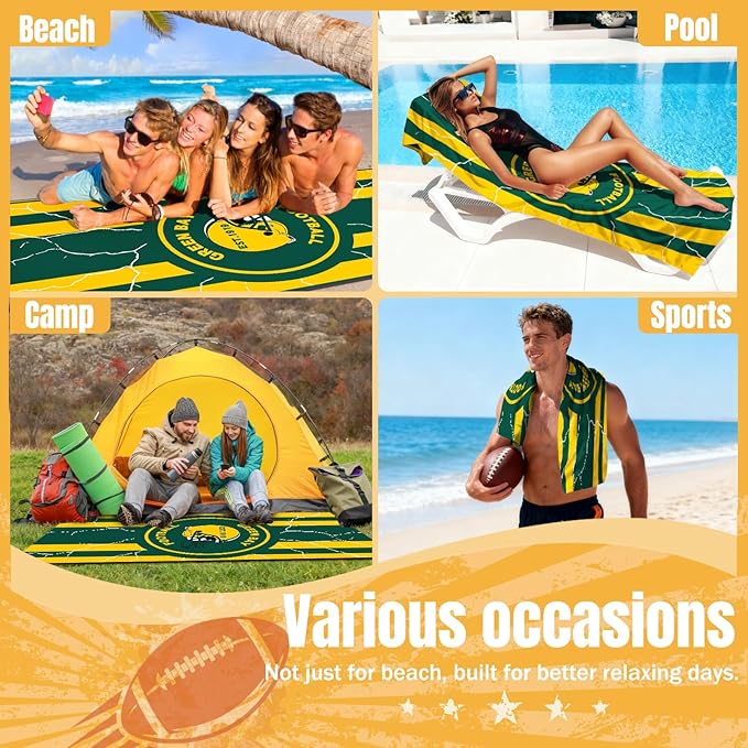 2 Pack Football Fan Thin Lightweight Microfiber Beach Towel Themed Sand Free Oversized Quick Dry Absorbent Towels Men Women Stuff Packer Team Uncle Christmas Xmas Gag Funny Personalized Unique Gift