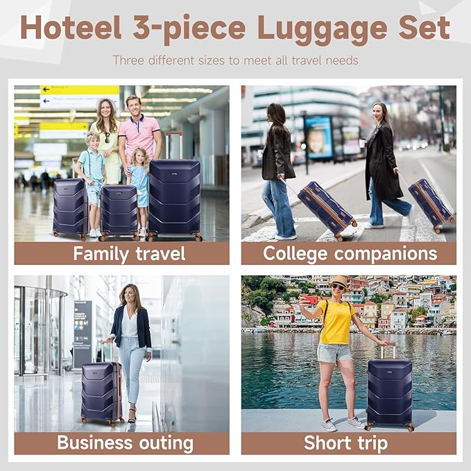 Hoteel Luggage Sets 3 Piece with Spinner Wheels TSA Lock (4-YEAR WARRANTY), Durable Carry On Suitcase Luggages, Wet-Dry Separation Compartment, ABS Hardshell for Travel, School, Dark Blue(20/24/28in)