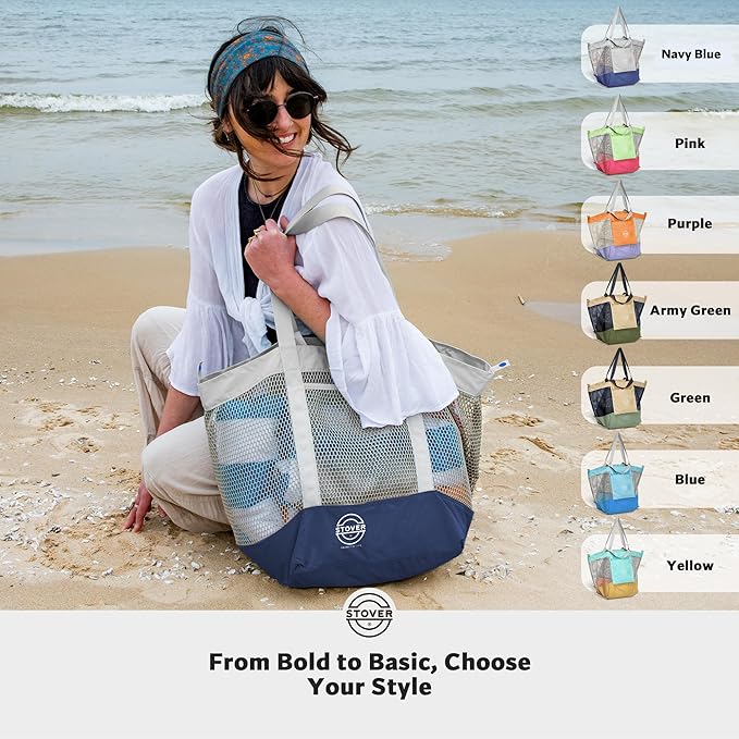 STOVER Extra Large Mesh Beach Bag, Vacation, Pool, Shopping & Travel Tote - Foldable w/Storage Pouch & Pockets for Women, Men