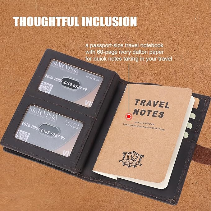 STAR VISTA Cosimo Leather Passport Holder for Exquisite Voyagers or Pilots, Transparent Windows for Travel Document & Dual IDs, RFID Blocking, 2 Passports, 2 IDs, 8 Cards, AirTag Slots, Dark Brown