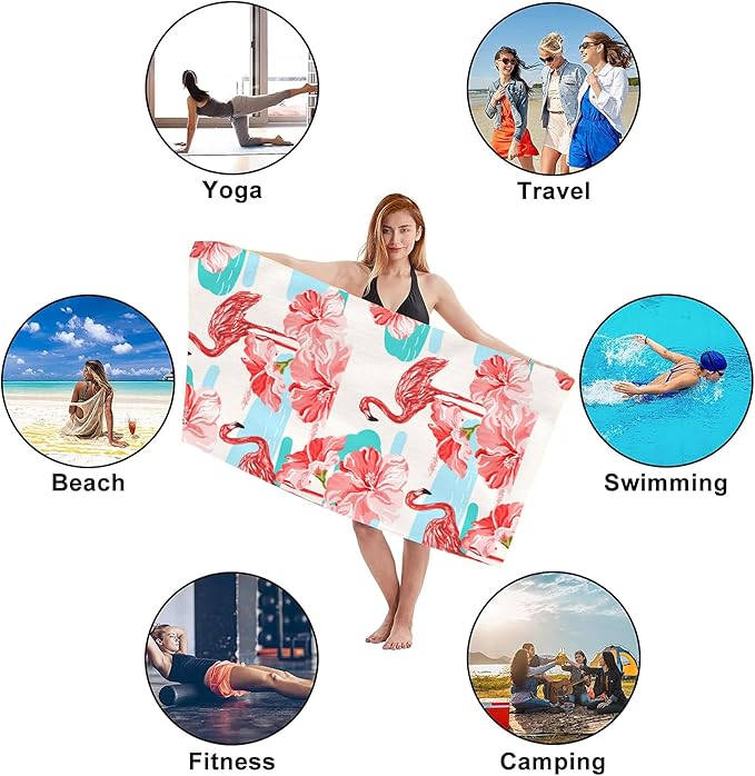 Hibiscus Beach Towel,Tropical Flamingo and Red Hibiscus Lightweight Compact Sand Free Quick Dry Oversized Pool Swimming Towels for Girls Women Adults,29.5"×59"