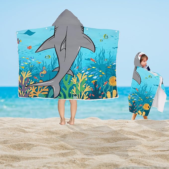 Shark Hooded Beach Towel for Boys, Soft & Absorbent Shark Poncho Towel for Kids, Cool Ocean Animal Design, 30”x50” Blue Shark Hooded Bathrobe for Pool, Swim, and Bath Time