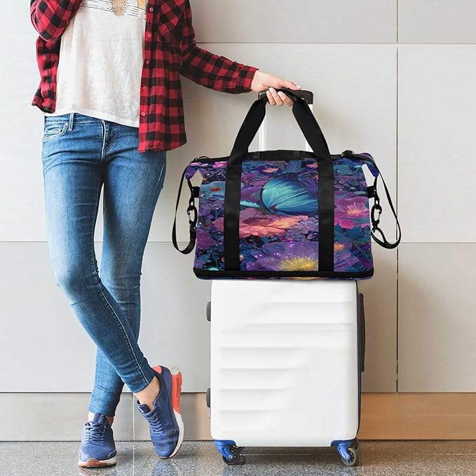 Travel Duffel Bags for Women Butterfly in Dark Florals Print Sports Duffel Bags Gym Bags with Shoes Compartment Tote Bag Weekender Bag for Travelling