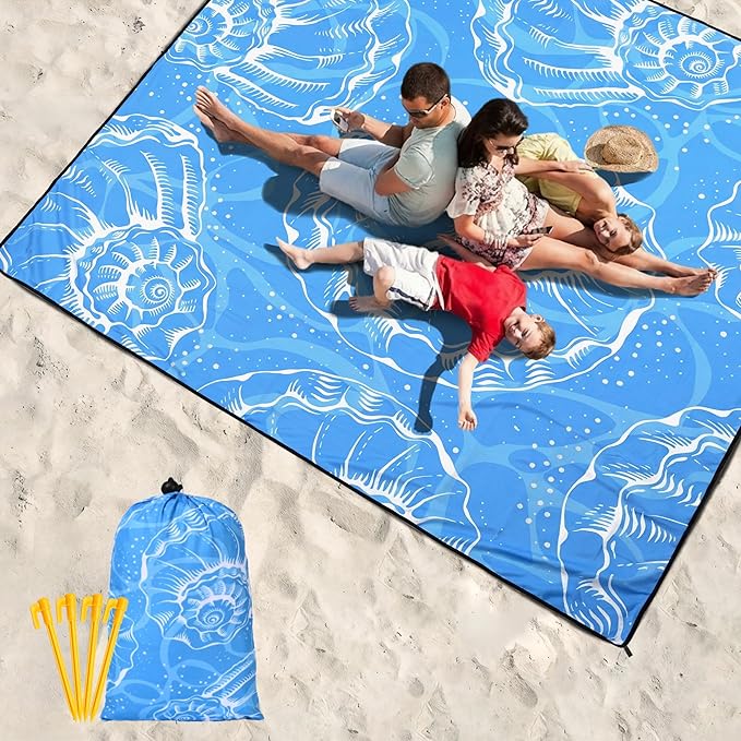 Beach Blanket Waterproof Sandproof Beach Mat 79”x 83” for 1-8 Adults Quick Drying Durable Outdoor Picnic Mat for Beach Festival Travel Camping Hiking (Conch Shell-BL, 79"×83"(4 Person))